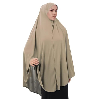 BXT Long Khimar Hijab Women One-Piece Full Cover Prayer Scarf Soft Jersey Muslim Headscarf Solid Color Islamic Ramadan Turban - color: Khaki