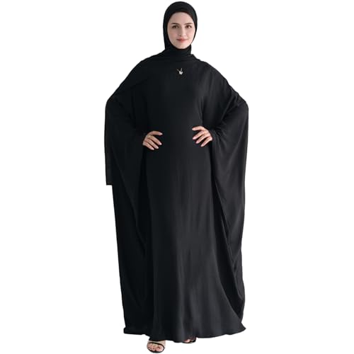 Muslim Abaya Dress Women Middle East Arabian Prayer Robe Batwing Maxi Kaftan Abaya Dress with Hijab - color: Black