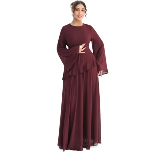 1PC Abaya Dress for Muslim Women 2-Layered Pearl Chiffon Islamic Prayer Clothing Back Zipper Maxi Abaya Dress with Belt - color: Wine Red, size: Small