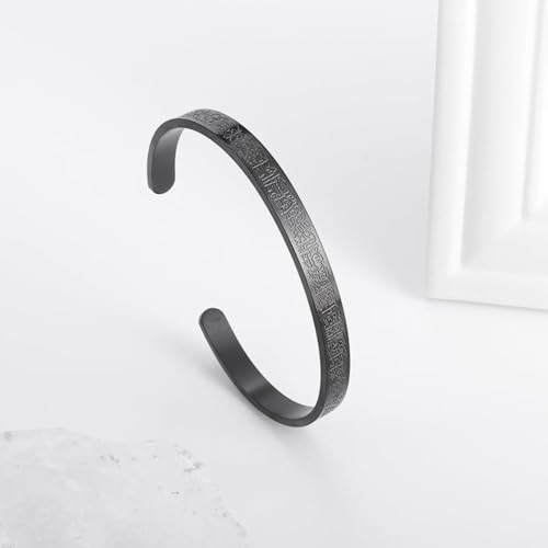 Ayatul Kursi Exquisite Stainless Steel Bracelet Islamic Muslim Quran Verse Calligraphy Ramadhan Festival Cuff Bracelet Men Arabic Calligraphy Messenger Jewelry Gift - color: black