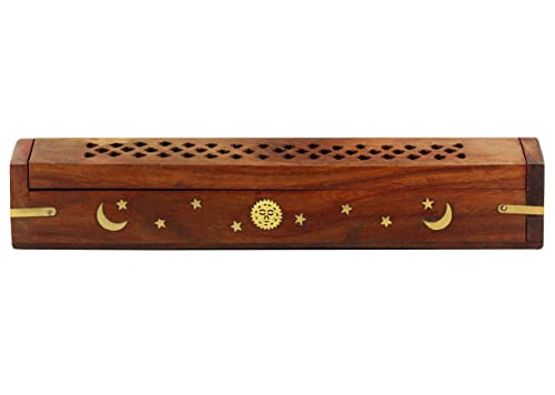 COTTON CRAFT Sheesham Wood Incense Burner Holder -Sun Moon Star Brass Inlay - color: Natural - Sun & Moon Inlays, size: 1 Pack