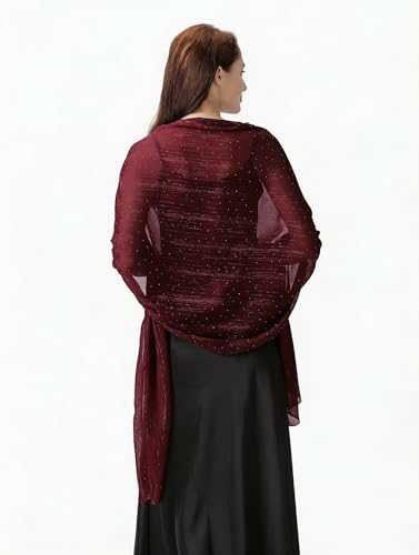 OurLore Chiffon Shawls Wraps for Women Sheer Glitter Scarf Sparkly Rhinestones Shoulder Sarong Cover Up Hijab for Wedding - color: Dark Red
