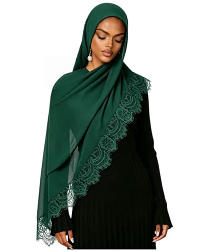 JUMISEE Elegant Floral Lace Hijab Scarf for Women Soft Cotton Head Wrap Instant Hijab Long Scarves Evening Dress Shawl - color: Green