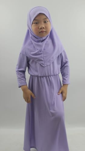 Girls Kids 2 Pcs Muslim Abaya Prayer Dress with Hijab Islamic Headscarf for Girl Robe Ramadan Eid Clothes - color: Lavender, size: Height 110CM-120CM