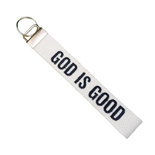 GOD IS GOOD Embroidered Keychain Christian Key Fob Religious Gifts Cotton Keychain - color: Ivory-gold