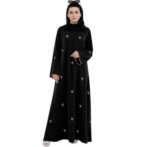 Abaya Dress for Muslim Women Bow Front Zipper Side Pockets Ramadan Eid Robe - color: Black, size: Medium
