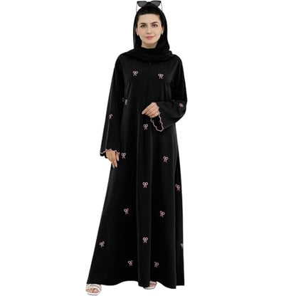 Abaya Dress for Muslim Women Bow Front Zipper Side Pockets Ramadan Eid Robe - color: Black, size: Medium