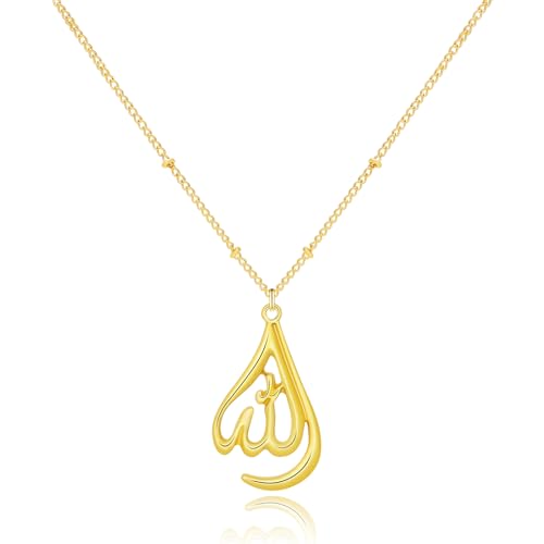 Islamic Ayatul Kursi Necklace for Women Men Allah Teardrop Necklace Stainless Steel Allah Name of God Arabic Quran Calligraphy Script Rotatable Pendant Necklaces Muslim Jewelry Ramadan Gift - color: gold