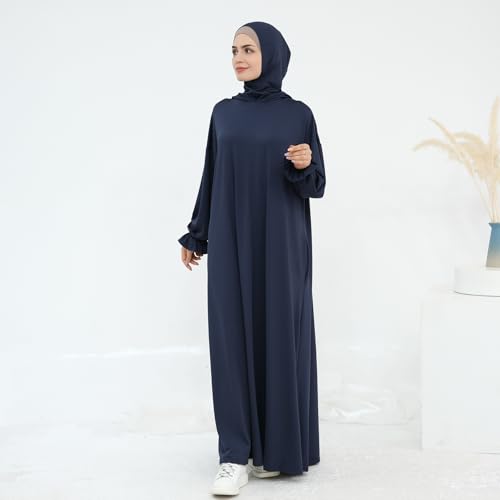 Muslim Dress for Women Pakistani Kaftan Abaya Robe Arabic Islamic Prayer Clothes Dubai Outfits - color: Dark Blue