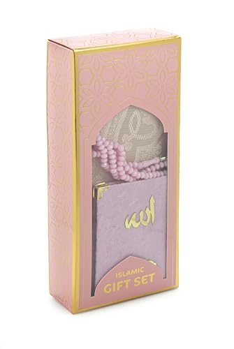 ihvan online Taffeta Fabric Muslim Prayer Rug, Velvet Covered Yaseen Surah Pocket Size Book, Prayer Beads Set with Kraft Boxed, Dowry Box for Men & Women, Islamic Ramadan Eid & Wedding Gifts, Pink - color: Pink