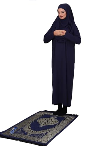 ihvan online Muslim Dresses for Women, One-Piece Prayer Dress & Prayer Rug & Beads, Islamic Gift Set for Eid Ramadan - color: Navy Blue, size: 3XL-6XL