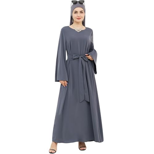 khalat Muslim Abaya Dress Women Solid Color Modest Prayer Robe Islamic Dubai Long Sleeve Lightweight Maxi Dress - color: Gray, size: Small