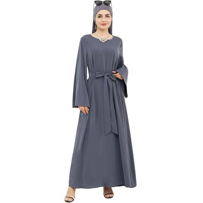 khalat Muslim Abaya Dress Women Solid Color Modest Prayer Robe Islamic Dubai Long Sleeve Lightweight Maxi Dress - color: Gray, size: Medium