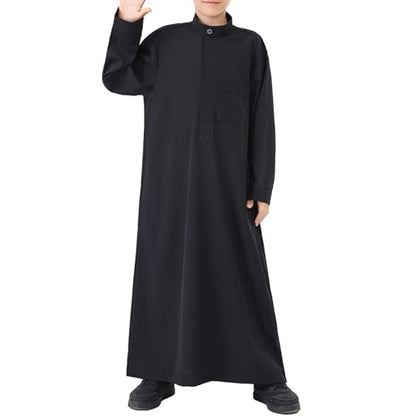 Boys Muslim Abaya Thobe Long Sleeve Cotton Islamic Prayer Kaftan Clothes Teen Kids Ramadan Plain Soft Festive Thobe - color: Black, size: 9-10 Years