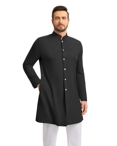 YAOHUOLE Mens Kurta Coats Indian Ethnic Royal Suits Jubba Thobe for Men - color: Black, size: Large