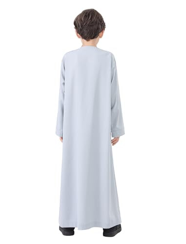 OBEEII Boy's Muslim Thobe Arab Long Sleeve Abaya Kaftan Robe Eid Ramadan Islamic Middle East Dubai Prayer Dress with Pockets - color: Gray, size: 9-10 Years