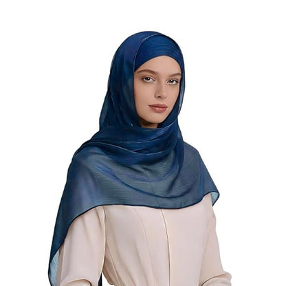 Organza Sheen Shimmer Crepe Hijab Scarf for Women Lightweight Sheer Shawl Wrap for Wedding and Evening Dresses - color: Dark Blue