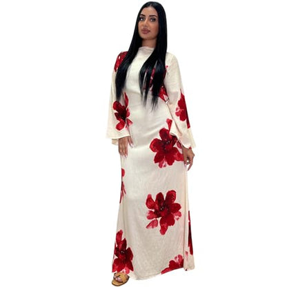 FYMNSI Womens Muslim Dresses Bell Sleeve Floral Butterfly Abaya Modest Dubai Kaftan Islamic Dress Eid Ramadan Prayer Clothes - color: White, size: Large