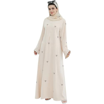 Abaya Dress for Muslim Women Bow Front Zipper Side Pockets Ramadan Eid Robe - color: Beige, size: Medium