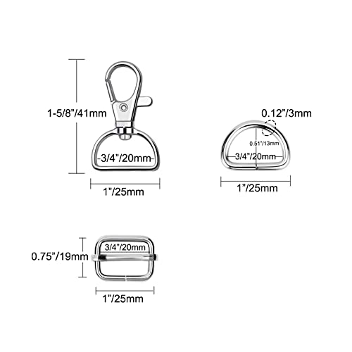 WAFJAMF Metal Snap Hook Ring Bulk 30 Pcs, Swivel Clasp Buckle and Non-Welded D Ring 10 Pcs, Adjustable Rectangular Buckle (3/4' Inside Width Sliver) - color: Silver-2, size: 3/4” Inside Width