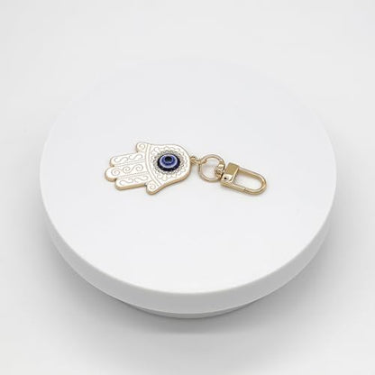 Evil Eye Keychain Hamsa Hand keychain Protection Charm for Men Women Car Key Ring Bag Purse Accessories - color: Gold White