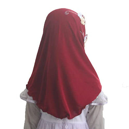 Instant Hijab for Kids Girls Hijabs Muslim Islamic Head Scarf with Rhinestone and Flowers - color: Red