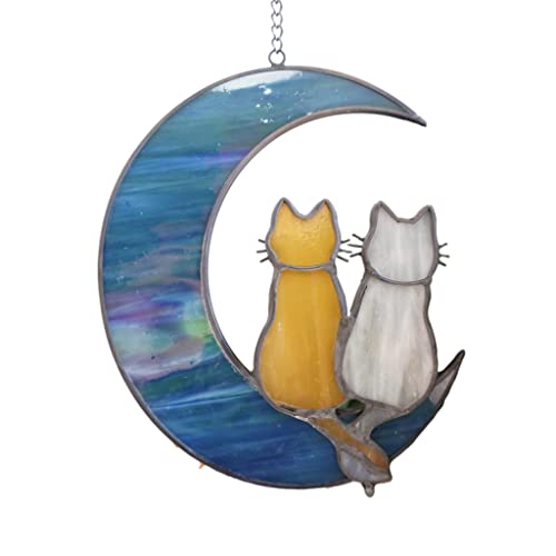 Cat Stained Glass Suncatcher, Cat on Moon Window Hanging Decor - color: Cats and Moon