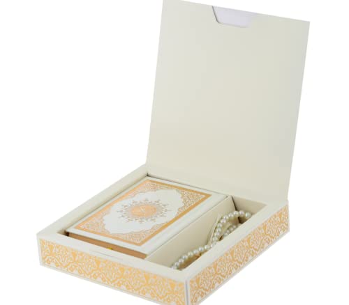 Prien Muslim Gifts for Eid, Gilt Covered Gift Box, Silvered Quran Gifts for Ramadan Mosque, Pearl Prayer Beads, Islamic Presents Women, Portable Boxes, Mawlid Gift Set for Birthday, Wedding, Umrah - color: Cream