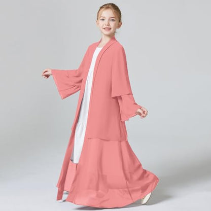 Kids Abaya Dress for Girls Muslim Dress with Hijab Chiffon Layered Open Front Cardigan Ramadan Eid Kaftans Dubai Outfit - color: Pink, size: 5-6 Years