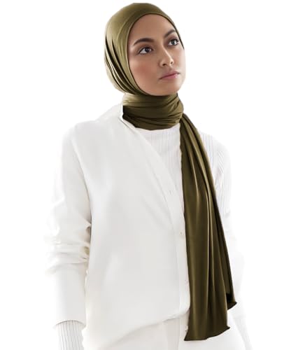 Harewom Muslim Hijab for Women Soft Stretch Headscarf Large Plain Turban Wrap Shawl Head Wrap for Everyday Wear - color: Army Green Hijab Headscarf