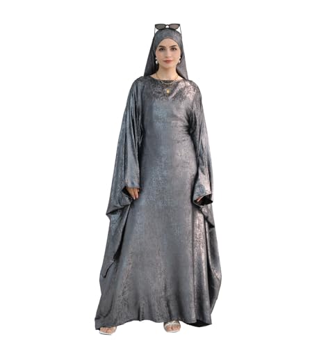Prlemend Women Prayer Abaya Dubai Bat Sleeve Dress Islamic Printed Long Robe with Belt - color: Grey, size: 1