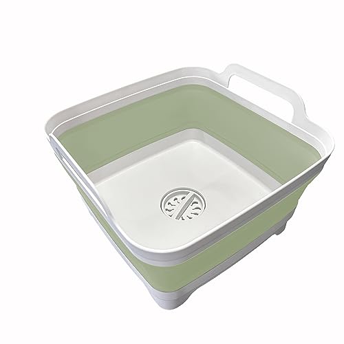 9L (2.4Gal) Dish Basin Collapsible with Drain Plug , Space Saveing Kitchen Storage Tray Dish Wash Basin, Portable Dish Tub, Foldable Dishpan for Camping ,RV,Green - color: Light Green