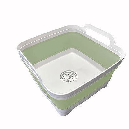 9L (2.4Gal) Dish Basin Collapsible with Drain Plug , Space Saveing Kitchen Storage Tray Dish Wash Basin, Portable Dish Tub, Foldable Dishpan for Camping ,RV,Green - color: Light Green