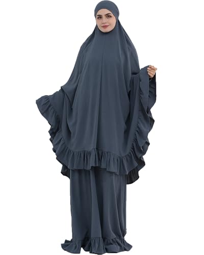 Abaya 2pcs Muslim Prayer Dress Sets with Islamic Hijab Scarf Two-Piece Full Length Dress Plus Size for Ramadan - color: Grey, size: Medium