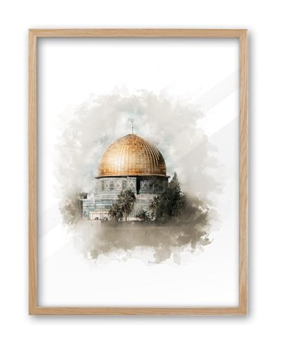 iHery 12x16in Natural OAK Wood Framed Dome of the Rock Wall Art | Beige Watercolor Al Aqsa Jerusalem Canvas Print, Islamic Landmark Decor for Bedroom Living Room, 1Pack - color: OAK Framed Islamic Dome, size: 16"L x 12"W