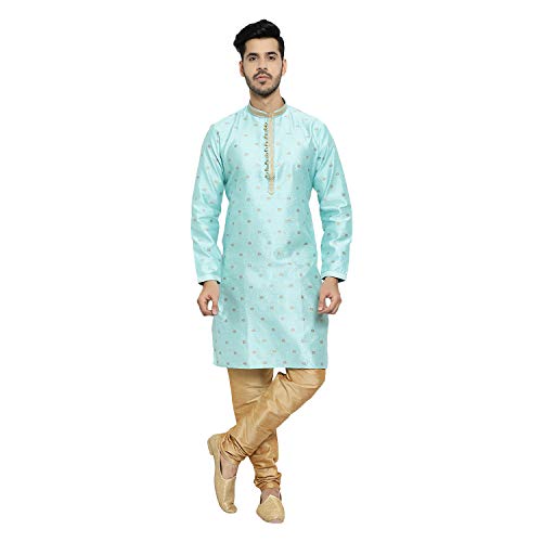 Pro-Ethic Style Developer Men's Silk Printed Kurta Set - color: Turquoise, size: Medium