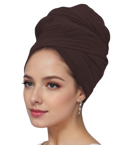 vabovin Head Wraps for Black Women Stretch Jersey Knit Turban Headwrap Solid Color Headscarf Headband Shawl - color: 02- Coffee