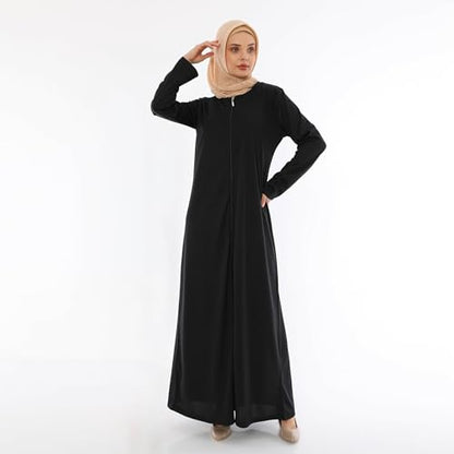 Women's Zipper Abaya Full Length Muslim Dress with Long Sleeves for Daily and Prayer Wear - color: Black, size: Large