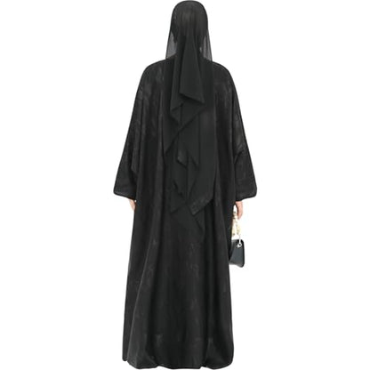 khalat Abaya Muslim Dress Women Satin Jacquard Prayer Dress Batwing Long Sleeve Islamic Dubai Robe with Chiffon Hijab - color: Black
