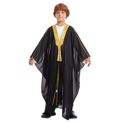 Kids Boys Muslim Cardigan Kaftan for Eid Ramadan Arabic Dubai Chiffon Long Sleeve Open Front Embroidered Robe - color: Black, size: 4-5 Years