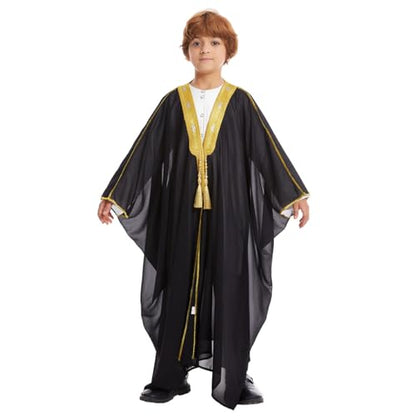 IWEMEK Kids Abaya Arabic Thobe for Boys Muslim Robes Islamic Prayer Clothes Embroidered Chiffon Kaftan Cardigan Dubai Thobe - color: Black, size: 5-7 Years