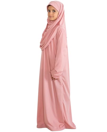Prien Kids Prayer Dress Muslim Clothes for Girls Long Sleeve Abaya with Hijab Two Piece Maxi Islamic Set Scarf Kaftan Jilbab - color: Powder Pink