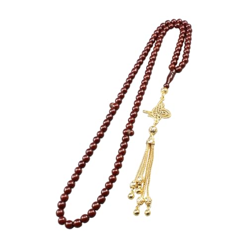 Ottoman Themed Gold Plated 0.28 in 99 Bead Prayer Beads Rosary - Genuine Amber Stone with Gold Plated Material for Men and Women - Traditional Islamic Tasbih for Daily Devotion and Gift - Brown