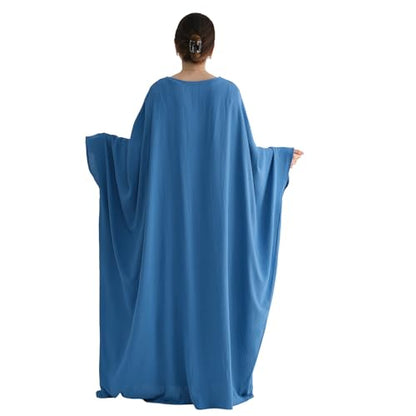 Abaya Muslim Women Dress Batwing Sleeve Loose Maxi Modest Islamic Clothes Prayer Dress with Hijab Scarf - color: Blue