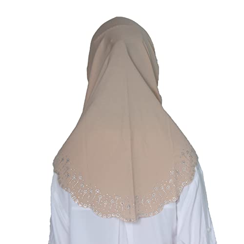 Girls Hijab with Rhinestones – Sparkly Non-Slip Amira Scarf for Kids, for Daily Prayer, School, Ramadan & Eid (Ages 4-12) - color: Light Camel-wavy Edge