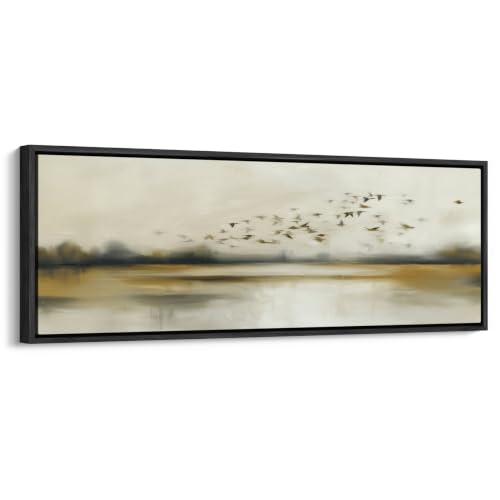 wall26 Large Framed Wall Art Canvas Print - Abstract Flying Birds Wetland Landscape - Contemporary Artwork for Living Room Bedroom Office - 60"x20" Black - color: A10-2608-M24, size: 60"L x 20"W, style: Black Frame