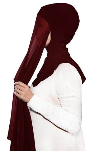 Lina & Lily Premium Chiffon Ninja Instant Hijab Scarf Stitched Jersey Cap Neck Cover Full Coverage - color: Dark Red