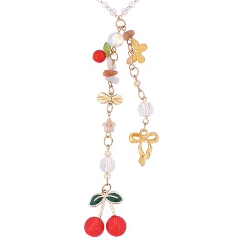 Cherry Bow Rear View Mirror Charm - Gold Crystal Bead Car Suncatcher Pendant, CherrIies Hanging Ornament for Car Accessories, Aesthetic Gift for Women New Driver Friends - style: Cherry Bow