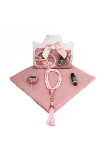 SODEF Gift Set for Women: Scarf, Perfume, Beaded Prayer Beads & Zikirmatik in Special Box - Refined Islamic Accessory - Multicolor, 55x26 inch