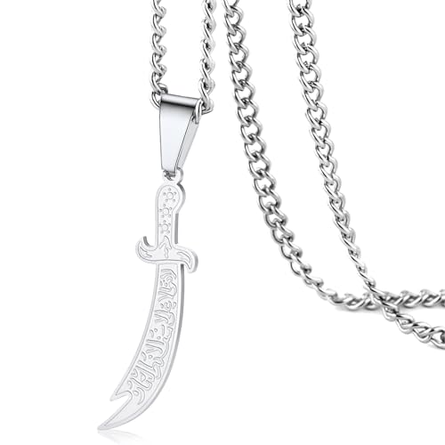 VASSAGO Sword Necklace for Men Women Zulfiqar Sword Necklace Imam Ali Zulfiqar Pendant Arabic Rune Islamic Muslim Jewelry Talisman Amulet Religious Gift - color: steel